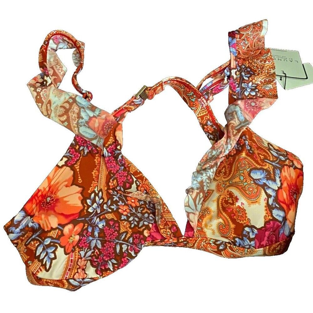 NWT Laundry Shelli Segal Paisley Floral Ruffle Bikini Top Size L Spice Print